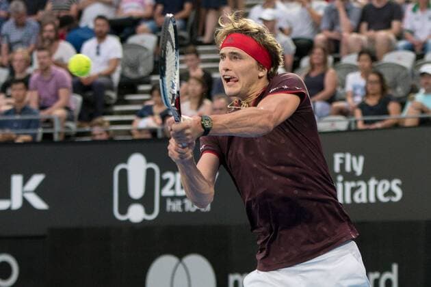 SYDNEY, NSW - JANUARY 8: Alexander Zverev (GER) hits a backhand at the FAST4 Tennis Showdown game between Alexander Zverev (GER) and Nick Kyrgios (AUS) on Ken Rosewall Arena at The Sydney Tennis Centre in Sydney on January 08, 2018. (Photo by Steven Markham Icon Sportswire) TENNIS: JAN 08 The FAST4 Tennis Tournament Showdown Icon18010800964 EDITORIAL USE ONLY