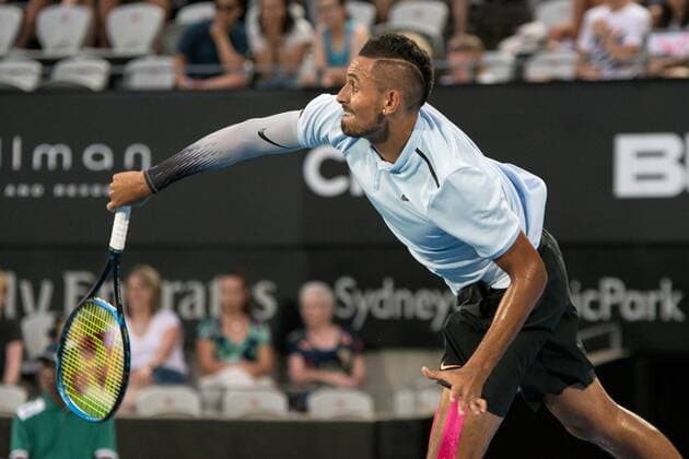 SYDNEY, NSW - JANUARY 8: Nick Kyrgios (AUS) serves at the FAST4 Tennis Showdown game between Alexander Zverev (GER) and Nick Kyrgios (AUS) on Ken Rosewall Arena at The Sydney Tennis Centre in Sydney on January 08, 2018. (Photo by Steven Markham Icon Sportswire) TENNIS: JAN 08 The FAST4 Tennis Tournament Showdown Icon18010801004 EDITORIAL USE ONLY