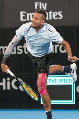 SYDNEY, NSW - JANUARY 8: Nick Kyrgios (AUS) serves at the FAST4 Tennis Showdown game between Alexander Zverev (GER) and Nick Kyrgios (AUS) on Ken Rosewall Arena at The Sydney Tennis Centre in Sydney on January 08, 2018. (Photo by Steven Markham Icon Sportswire) TENNIS: JAN 08 The FAST4 Tennis Tournament Showdown Icon18010801024 EDITORIAL USE ONLY