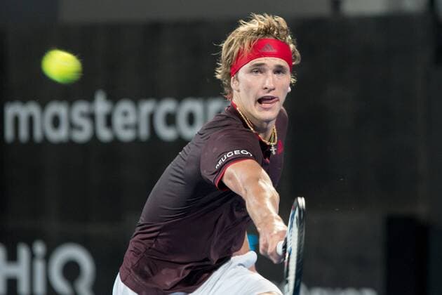 SYDNEY, NSW - JANUARY 8: Alexander Zverev (GER) reaches to get the ball at the FAST4 Tennis Showdown game between Alexander Zverev (GER) and Nick Kyrgios (AUS) on Ken Rosewall Arena at The Sydney Tennis Centre in Sydney on January 08, 2018. (Photo by Steven Markham Icon Sportswire) TENNIS: JAN 08 The FAST4 Tennis Tournament Showdown Icon18010801044 EDITORIAL USE ONLY