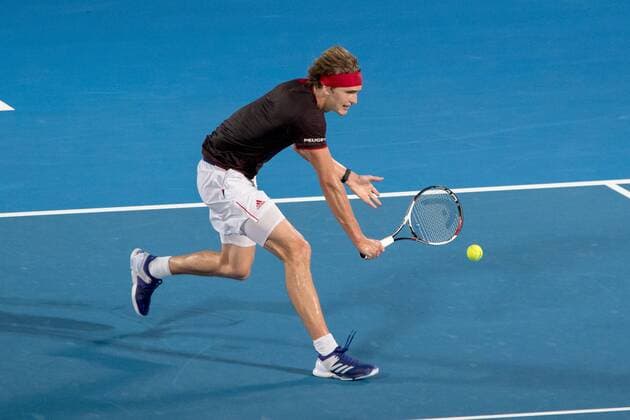 SYDNEY, NSW - JANUARY 8: Alexander Zverev (GER) hits a drop shot at the FAST4 Tennis Showdown game between Alexander Zverev (GER) and Nick Kyrgios (AUS) on Ken Rosewall Arena at The Sydney Tennis Centre in Sydney on January 08, 2018. (Photo by Steven Markham Icon Sportswire) TENNIS: JAN 08 The FAST4 Tennis Tournament Showdown Icon18010801054 EDITORIAL USE ONLY