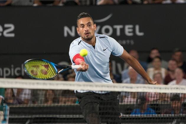 SYDNEY, NSW - JANUARY 8: Nick Kyrgios (AUS) at the net at the FAST4 Tennis Showdown doubles game between Grigor Dimitrov (BUL) and Alexander Zverev (GER) versus Lleyton Hewitt (AUS) and Nick Kyrgios (AUS) on Ken Rosewall Arena at The Sydney Tennis Centre in Sydney on January 08, 2018. (Photo by Steven Markham Icon Sportswire) TENNIS: JAN 08 The FAST4 Tennis Tournament Showdown Icon18010801304 EDITORIAL USE ONLY