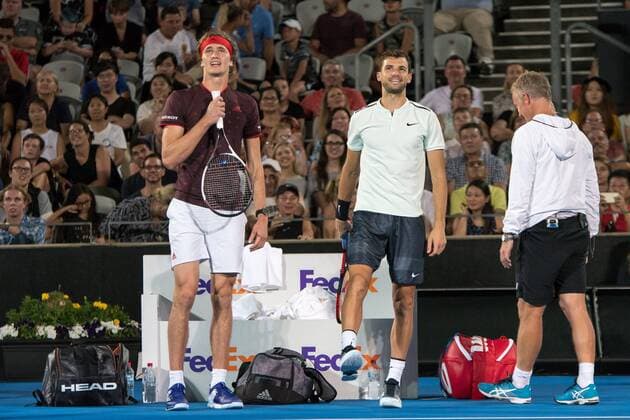 SYDNEY, NSW - JANUARY 8: Alexander Zverev (GER) sings at the break at the FAST4 Tennis Showdown doubles game between Grigor Dimitrov (BUL) and Alexander Zverev (GER) versus Lleyton Hewitt (AUS) and Nick Kyrgios (AUS) on Ken Rosewall Arena at The Sydney Tennis Centre in Sydney on January 08, 2018. (Photo by Steven Markham Icon Sportswire) TENNIS: JAN 08 The FAST4 Tennis Tournament Showdown Icon18010801334 EDITORIAL USE ONLY