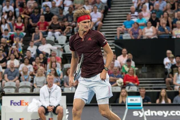 SYDNEY, NSW - JANUARY 8: Alexander Zverev (GER) lets a ball go at the FAST4 Tennis Showdown game between Alexander Zverev (GER) and Nick Kyrgios (AUS) on Ken Rosewall Arena at The Sydney Tennis Centre in Sydney on January 08, 2018. (Photo by Steven Markham Icon Sportswire) TENNIS: JAN 08 The FAST4 Tennis Tournament Showdown Icon18010800944 EDITORIAL USE ONLY
