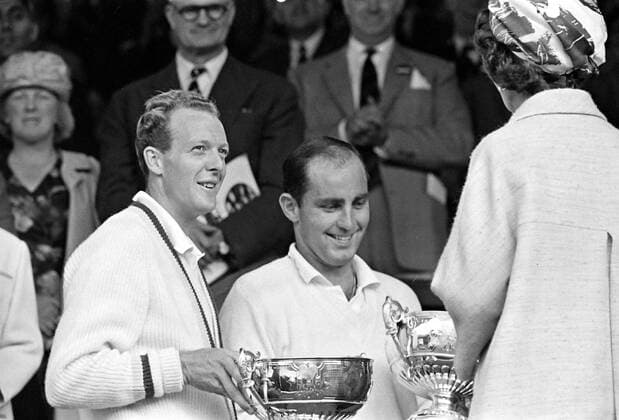 WINNERS BOB HEWITT AND FRED STOLLE WITH PRINCESS MARINA IN THE ALL ENGLAND LAWN TENNIS CHAMPIONSHIPS AT WIMBLEDON IN LONDON ; 4 JULY 1964, Copyright: Topfoto  UnitedArchivesIPU480267