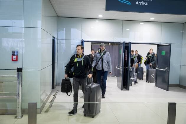 Patrick Groetzki and Hendrik Pekeler come first from the arrivals hall arrival of the German team in Zagreb handball EHF euro 2018 11 01 18 Zagreb Croatia Copyright: xAgentur54Gradx xFelixxKoenigx