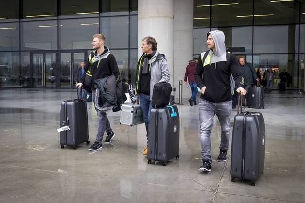 Philipp Weber Peter Graeschus and Steffen Weinhold on arrival arrival of the German team in Zagreb handball EHF euro 2018 11 01 18 Zagreb Croatia Copyright: xAgentur54Gradx xFelixxKoenigx