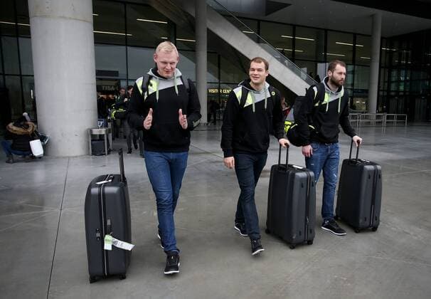 German handball team 11.01.2018., Croatia, Zagreb, Airport Franjo Tudjman - Arrival of the German handball team at the 2018 European Handball Championship which is played in Croatia. The German national team Nationalteam is in Group C in Zagreb and plays against Macedonia, Montenegro and Slovenia.Patrick Wiencek, Steffen Faeth, Paul Drux  IgorxKralj PIXSELL