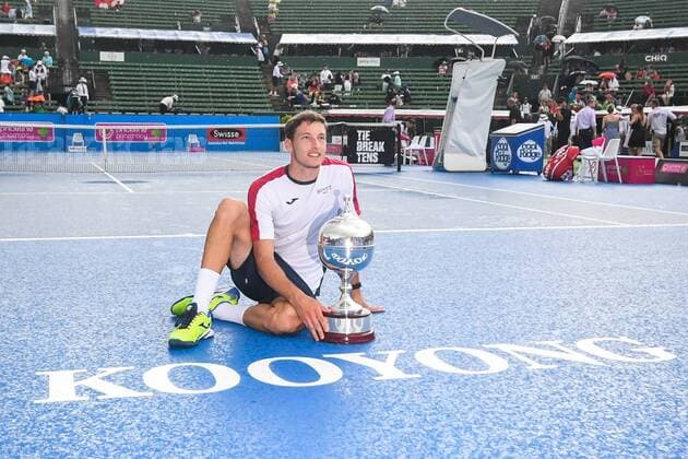 12th January 2018, Kooyong Lawn Tennis Club, Kooyong, Melbourne, Australia; Priceline Pharmacy Kooyong Classic tennis tournament; Pablo Carreno Busta of Spain poses with his Kooyong Classic trophy after winning the tournament  ActionPlus11970973