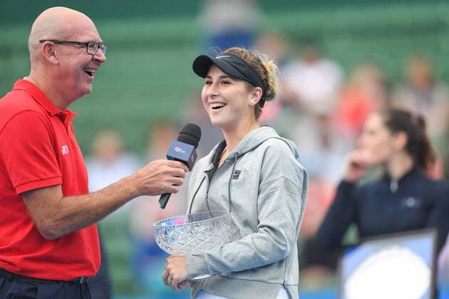 12th January 2018, Kooyong Lawn Tennis Club, Kooyong, Melbourne, Australia; Priceline Pharmacy Kooyong Classic tennis tournament; Belinda Bencic of Switzerland smiles after defeating Andrea Petkovic of Germany in the Kooyong Classic Women s final  ActionPlus11971038