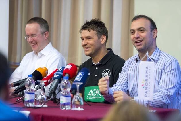 Spokesman Tim Oliver Kalle national coach Christian Prokop and Bob Hanning 1 Press Conference of the German national team in Zagreb handball EHF euro 2018 12 01 18 Zagreb Zagreb Croatia Hotel Panorama Copyright: xAgentur54Gradx xFelixxKoenigx