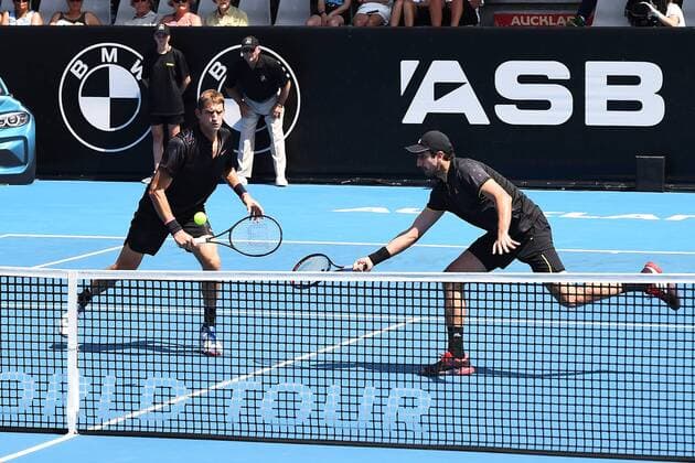 12th January 2018, ASB Tennis Centre, Auckland, New Zealand; ASB Classic, ATP Tennis Herren Mens Tennis; L-R Max Mirnyi (BLR) and Philipp Oswald (AUT) during the ASB Classic ATP Men s Tournament Day 5 Semi Finals  ActionPlus11971113