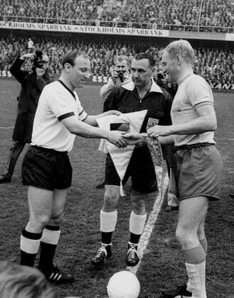 Sweden Germany 1 2 26 09 1965 greeting the captain left Uwe Seeler and Orvar Bergmark Center referee Kenneth Dagnall England HM