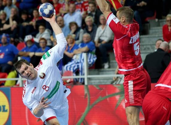 12.01.2018., Croatia, Zatika Sports Hall, Porec - European Handball Championship, Group B, 1st Round, Belarus - Austria. Siarhei Shylovich, Vytautas Ziura.  IgorxKralj PIXSELL
