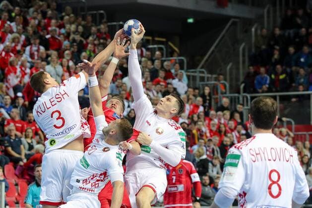 HANDBALL - EHF EURO 2018, BLR vs AUT POREC,CROATIA,12.JAN.18 - HANDBALL - EHF European Championship EM Europameisterschaft group stage, Belarus vs Austria. Image shows Uladzislau Kulesh (BLR), Artsem Karalek (BLR) and Viachaslau Bokhan (BLR). GEPAxpictures xMaticxKlansek