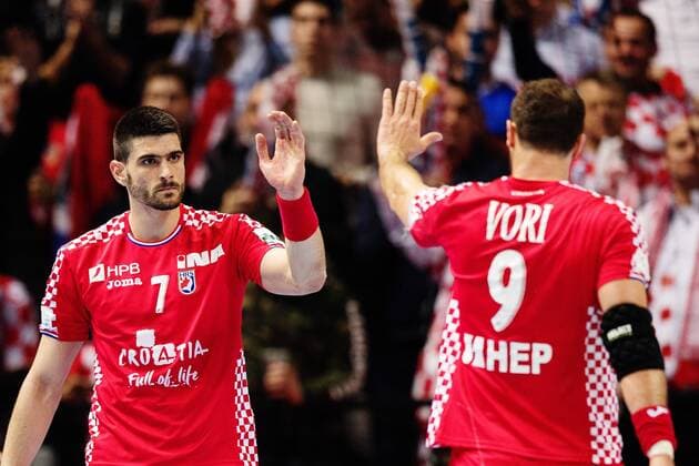 180112 Croatia s Luka Stepancic and Igor Vori exults in the handball match between Croatia and Serbia in the European Handball CHAMPIONSHIP January 12, 2018 2018 in Split  Copyright: LUDVIGxTHUNMAN BB180112LT115