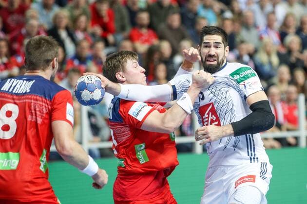 HANDBALL - EHF EURO 2018, FRA vs NOR POREC,CROATIA,12.JAN.18 - HANDBALL - EHF European Championship EM Europameisterschaft group stage, France vs Norway. Image shows Sander Sagosen (NOR) and Nikola Karabatic (FRA). GEPAxpictures xMaticxKlansek