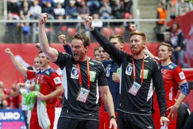 HANDBALL - EHF EURO 2018, FRA vs NOR POREC,CROATIA,12.JAN.18 - HANDBALL - EHF European Championship EM Europameisterschaft group stage, France vs Norway. Image shows the rejoicing of Christian Berge (NOR). GEPAxpictures xMaticxKlansek