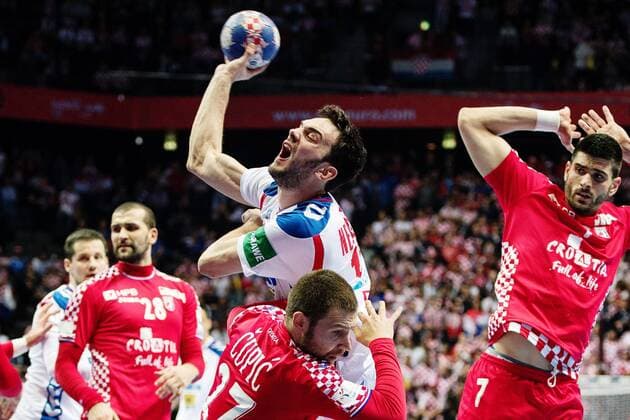 180112 Croatia s Ivan Cupic defends against Serbian Petar Nenadic during handball match between Croatia and Serbia in the European Handball CHAMPIONSHIP January 12, 2018 2018 in Split  Copyright: LUDVIGxTHUNMAN BB180112LT131