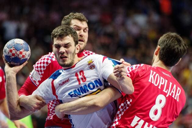 180112 Serbia Petar Nenadic in fight with Croatia s Jakov Gojun and Marko Kopljar during handball match between Croatia and Serbia in the European Handball CHAMPIONSHIP January 12, 2018 2018 in Split  Copyright: LUDVIGxTHUNMAN BB180112LT137