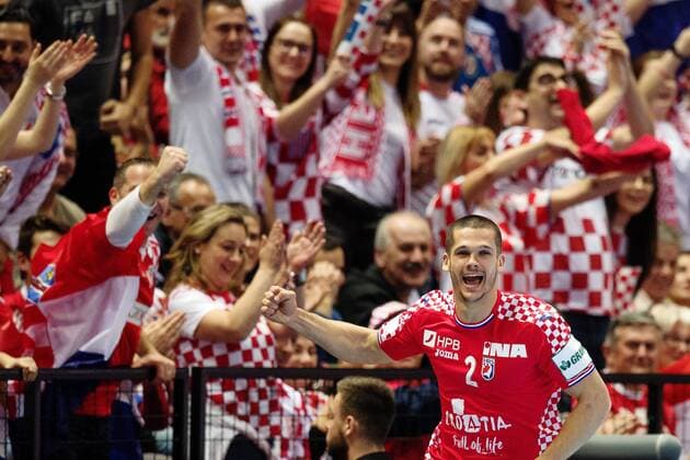 180112 Croatia s Lovro Mihic cheering with the crowd during the handball match between Croatia and Serbia in the European Handball CHAMPIONSHIP January 12, 2018 2018 in Split  Copyright: LUDVIGxTHUNMAN BB180112LT145