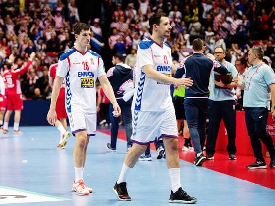 180112 Serbia s Nemanja Zelenovic and Marko Vujin moping around after the loss in the handball match between Croatia and Serbia in the European Handball CHAMPIONSHIP January 12, 2018 2018 in Split  Copyright: LUDVIGxTHUNMAN BB180112LT153