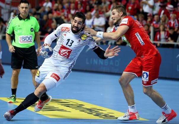 (180113) -- Porec, Jan. 13, 2018 -- Nikola Karabatic(C) of France competes during the first round of EHF Euro 2018 handball match between France and Norway in Porec, Croatia, on Jan. 12, 2018. France won by 32-31. ) (SP)CROATIA-POREC-HANDBALL-EHF EURO 2018-FRA VS NOR IgorxKralj 