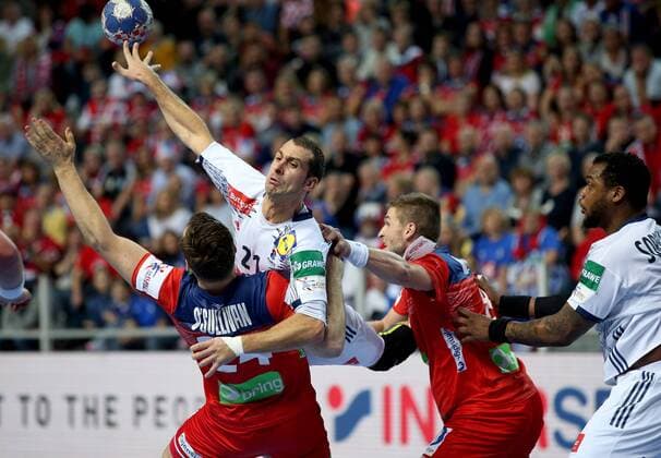 (180113) -- Porec, Jan. 13, 2018 -- Michael Guigou (2nd L) of France competes during the first round of EHF Euro 2018 handball match between France and Norway in Porec, Croatia, on Jan. 12, 2018. France won by 32-31. ) (SP)CROATIA-POREC-HANDBALL-EHF EURO 2018-FRA VS NOR IgorxKralj 