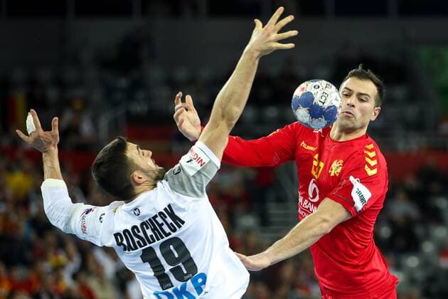 HANDBALL - EHF EURO 2018, GER vs MNE ZAGREB,CROATIA,13.JAN.18 - HANDBALL - EHF European Championship EM Europameisterschaft group stage, Germany vs Montenegro. Image shows Bastian Roscheck (GER) and Stevan Vujovic (MNE). GEPAxpictures xMaticxKlansek