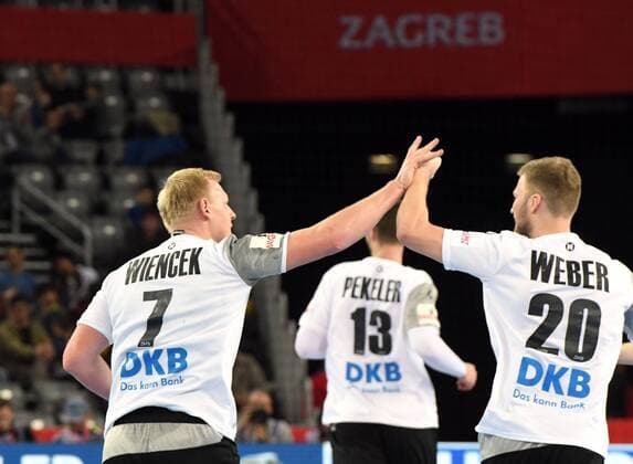 Zagreb Croatia Zagreb arena 13 1 2018 men handball European Championship 2018 Germany vs Montenegro cheers from 7 PATRICK WIENCEK THW KIEL Germany 20 Philipp Weber SC DHfK Leipzig Germany Center HENDRIK PEKELER RHEIN NECKAR Lions Germany