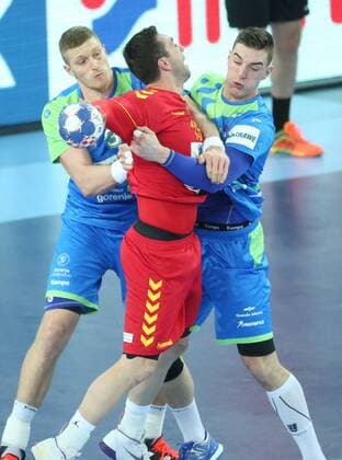 European Handball Championship, Group C, 1st round, Macedonia - Slovenia 13.01.2018., Croatia, Arena Zagreb, Zagreb - European Handball Championship, Group C, 1st round, Macedonia - Slovenia. BLAGOTINSEK Blaz , Mirkulovski Filip  SanjinxStrukic PIXSELL