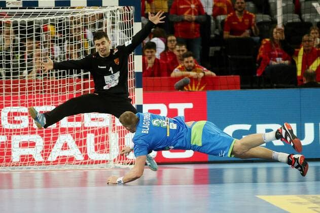 European Handball Championship, Group C, 1st round, Macedonia - Slovenia 13.01.2018., Croatia, Arena Zagreb, Zagreb - European Handball Championship, Group C, 1st round, Macedonia - Slovenia. Mitrevski Nikola , BLAGOTINSEK Blaz  DaliborxUrukalovic PIXSELL