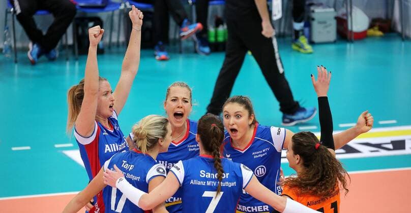 CONSTRUCTION 13 01 2018 Stuttgart volleyball Alliance MTV Stuttgart vs VfB Suhl LOTTO Thuringia Stuttgart jubilation v l Deborah van Daelen Femke Stoltenborg Michaela Mlejnkova Teodora Pusic Renata Sandor Paige TAPP Stuttgart