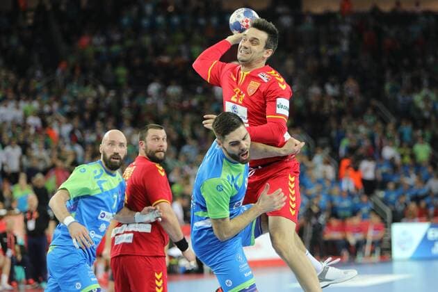 Zagreb, 13 01 2018 - Arena Zagreb hall, 2018 Men s European Championship EM Europameisterschaft Preliminary Round, Group C. Macedonia (red) - Slovenia (blue) 