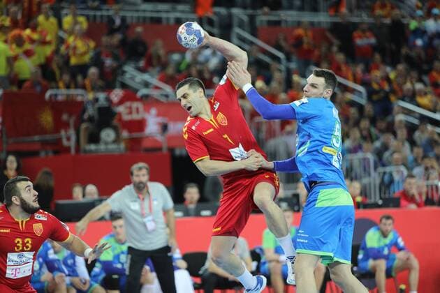 Zagreb, 13 01 2018 - Arena Zagreb hall, 2018 Men s European Championship EM Europameisterschaft Preliminary Round, Group C. Macedonia (red) - Slovenia (blue) 
