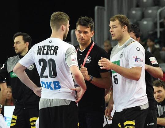 Zagreb Croatia Zagreb arena 13 1 2018 men handball European Championship 2018 Germany vs Montenegro v li Philipp Weber SC DHfK Leipzig Germany national coach Germany Christian Prokop and PAUL DRUX FOXES BERLIN Germany
