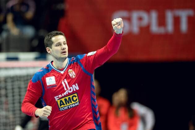 180114 Serbia s Bojan Beljanski exults in the handball match between Serbia and Sweden during Handball CHAMPIONSHIPS January 14, 2018 2018 in Split  Copyright: LUDVIGxTHUNMAN BB180114LT011