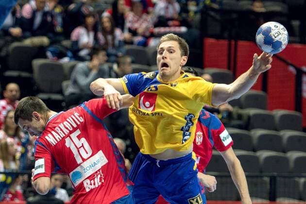 180114 Sweden s Albin Lagergren during handball match between Serbia and Sweden during Handball CHAMPIONSHIPS January 14, 2018 2018 in Split  Copyright: LUDVIGxTHUNMAN BB180114LT014