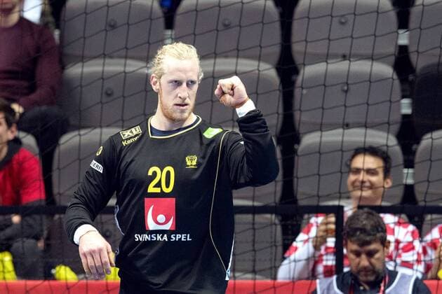 180114 Sveriges malvakt Mikael Appelgren exults in the handball match between Serbia and Sweden during Handball CHAMPIONSHIPS January 14, 2018 2018 in Split  Copyright: LUDVIGxTHUNMAN BB180114LT020