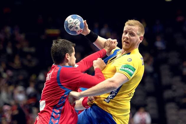 180114 Sweden s Jim gottfridsson and Serbian Bojan Beljanski during handball match between Serbia and Sweden during Handball CHAMPIONSHIPS January 14, 2018 2018 in Split  Copyright: LUDVIGxTHUNMAN BB180114LT024