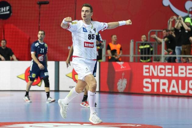 HANDBALL - EHF EURO 2018, AUT vs FRA POREC,CROATIA,14.JAN.18 - HANDBALL - EHF European Championship EM Europameisterschaft group stage, Austria vs France. Image shows the rejoicing of Lukas Herburger (AUT). GEPAxpictures xMaticxKlansek