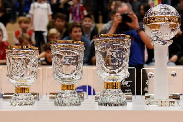 Feature the winners trophies await the presentation of Germany Gaildorf sports youth soccer indoor soccer tournament youth Euro Cup 2018 on 14 01 2018 Sports Hall