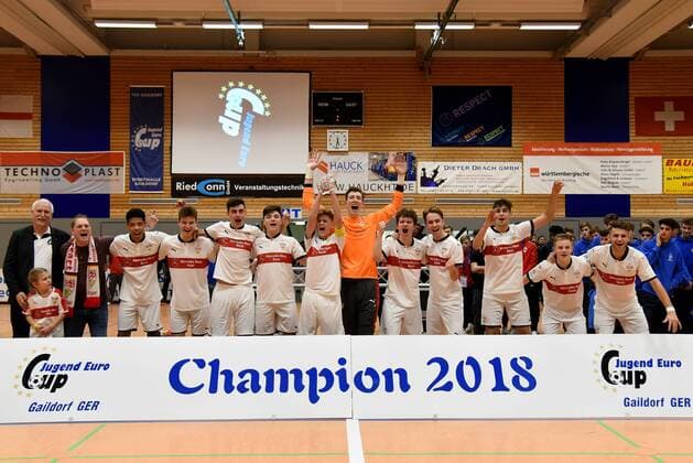 The tournament winner 2018 VfB Stuttgart 17 Germany Gaildorf sports youth soccer indoor soccer tournament youth Euro Cup 2018 on 14 01 2018 Sports Hall