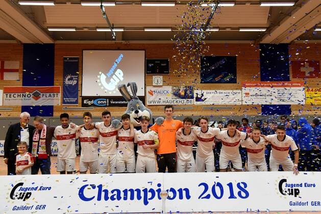 The tournament winner 2018 VfB Stuttgart 17 Germany Gaildorf sports youth soccer indoor soccer tournament youth Euro Cup 2018 on 14 01 2018 Sports Hall