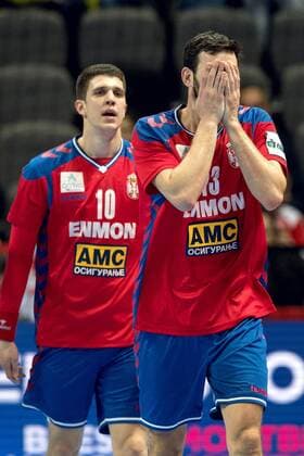 180114 Serbia s Darko Dukic and Petar Nenadic moping around in handball game between Serbia and Sweden during Handball CHAMPIONSHIPS January 14, 2018 2018 in Split  Copyright: LUDVIGxTHUNMAN BB180114LT028