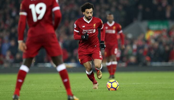 Football - 2017 2018 Premier League - Liverpool vs. Manchester City Mohamed Salah of Liverpool scoring at Anfield. COLORSPORT LYNNE CAMERON 