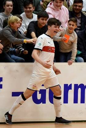 Goal celebration of the goal scorer Lilian Egloff VfB Stuttgart Germany Gaildorf sports youth soccer indoor soccer tournament youth Euro Cup 2018 on 14 01 2018 Sports Hall