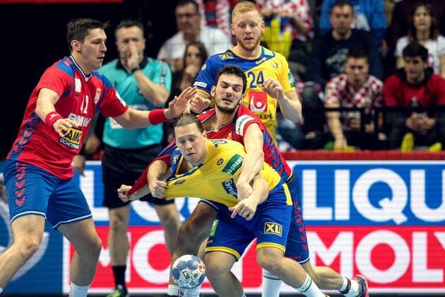 180114 Serbia Petar Nenadic and Sweden s Mattias Zachrisson during handball match between Serbia and Sweden during Handball CHAMPIONSHIPS January 14, 2018 2018 in Split  Copyright: LUDVIGxTHUNMAN BB180114LT051