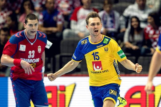 180114 Sweden s Hampus Wanne exults in the handball match between Serbia and Sweden during Handball CHAMPIONSHIPS January 14, 2018 2018 in Split  Copyright: LUDVIGxTHUNMAN BB180114LT053