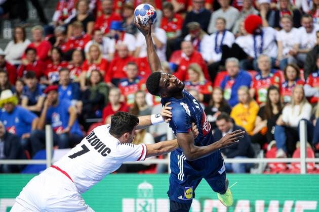 HANDBALL - EHF EURO 2018, AUT vs FRA POREC,CROATIA,14.JAN.18 - HANDBALL - EHF European Championship EM Europameisterschaft group stage, Austria vs France. Image shows Janko Bozovic (AUT) and Dika Mem (FRA). GEPAxpictures xMaticxKlansek